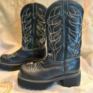 Vintage J. Fluevog F-SHOE Black Leather Flame Stitch High Platform Cowboy Boots